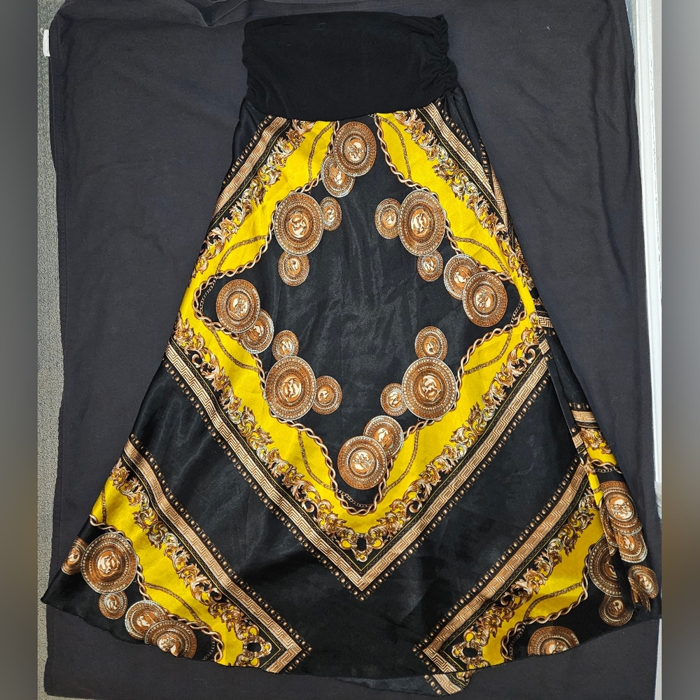 Black Gold Maxi Skirt. 41" Length. 7" Waist. Pull On Medallion Horoscope Witch